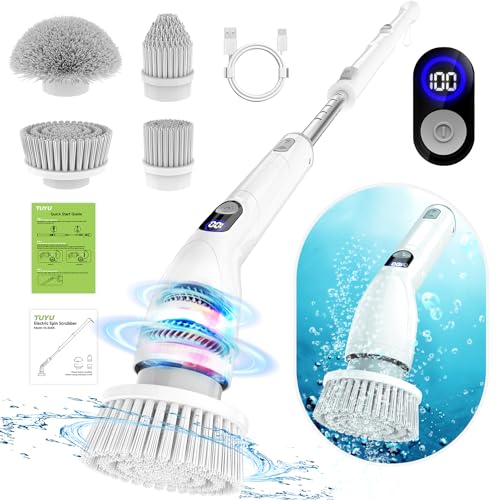 TUYU Electric Spin Scrubber,Full-Body IPX7 Waterproof Bathroom Scrubber with Power LCD Display, Adjustable Extension Handle and Cordless Electric Clea