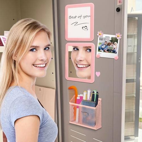 Weiblicher Spind-Organizer, magnetisches Zubehör-Set mit Whiteboard, Spiegel, Stifthalter, Marker, runder Magnet – Zubehör für den Schulanfang und Arbeitsspind-Organizer, Rosa