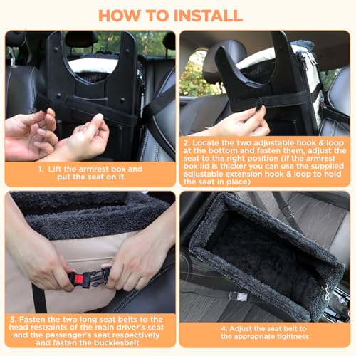 Center Console Dog Car Seat for Small Dogs,PU Leather Small Dog Car Booster Seat,Washable Foldable Puppy Car Seat with Safe Protection Hooks Adjustable Straps and Storage Pocket Pet Up to 15lbs