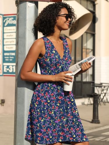 Image of CATHY 2026 Womens Dress Sexy Sleeveless Summer Dresses V Neck Casual Wrap Sundress with Pockets Navy Flowers Large