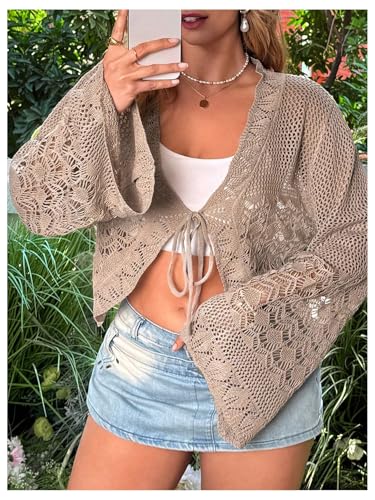 Women's Plus Size Crochet Cardigans Summer Bell Sleeve Tie Front Lightweight Cardigan Sweater Crop Cover Up Top3