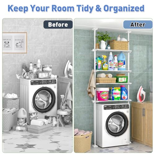 Image of SUNALLY Over The Toilet Storage Shelf, 4-Tier Adjustable Over Toilet Bathroom Organizer,Tension-Mounted Bathroom Storage Rack for Ceilings, No Drill Space-Saving Shelving for Small Rooms,White