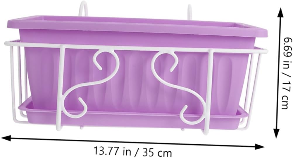 Toyvian Rectangular Hanging Planter with Purple Resin Pot and White Iron Frame, Medium Garden Vegetable and Flower Container with Saucer for Balcony Railing and Outdoor Home Use