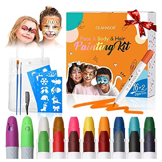Pinturas Cara para Niños-GLAMADOR Kit de Pintura Faciales y Corporales-16 Colores,2 Tiza de Pelo,28 Plantillas Pequeñas-Seguridad,No tóxico-Perfectos para Navidad,Fiestas Temáticas,Cosplay,Halloween