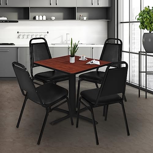 Image of Romig Pillar 36 in. Square X-Base Breakroom Table- Cherry & 4 Restaurant Stack Chairs- Black