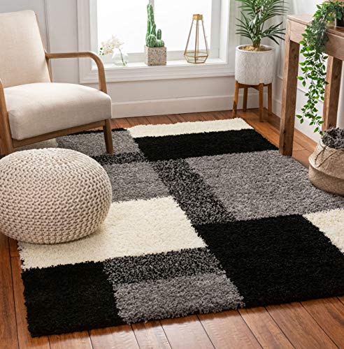 Ruglots Modern Shag Geometric 5X7 (5' X 7'2'') Area Rug Cubes Black & Cream Plush Shag Blocks & Squares Plush Shag Easy Care Thick Soft Plush Living Room #TOP5