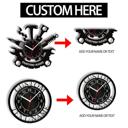 JeathFea Garage Wall Clock - Personalized Auto Repair Shop Wall Clock - Add Customized Name Text - Gift for Repairman Bricklayer Carpenter - Decorative Wall Clock for Garage Office Tool Shop