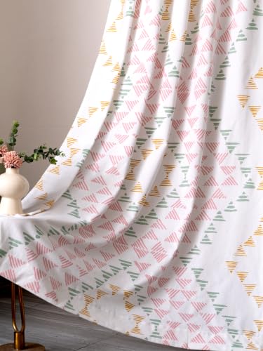 Image of Tranquebar Curtain Co.Cotton Curtains 7 Feet Long Set of 2,60-65% Room Darkening,Green-Pink Geometric Print,Door Curtains 7 Feet Set of 2,Door Curtains 7 Feet Set of 2,BackTabs,Aztec (213 cm)-Set of 2