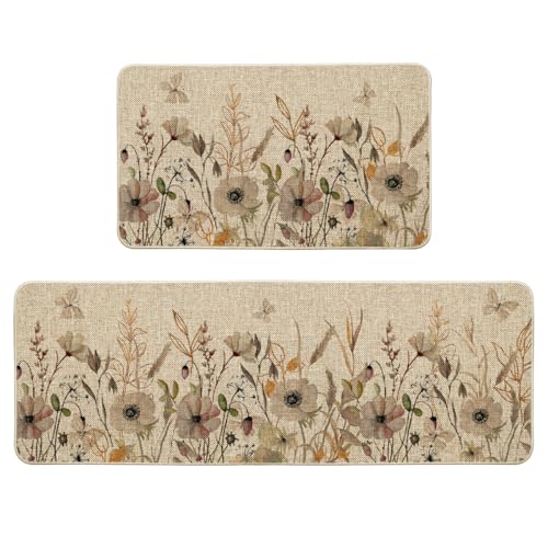 Artoid Mode Wildflower Leaves Floral Welcome Fall Kitchen Mats Set of 2, Autumn Home Decor Low-Profile Kitchen Rugs for Floor - 17x29 and 17x47 Inch