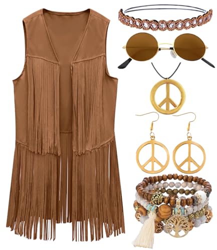 kasahara Gilet Hippie Femme à Franges Veste Sans Manches Années 60 70 Style Flower Power, Déguisement Boho pour Festival, Schlagermove, Carnaval et Soirée...