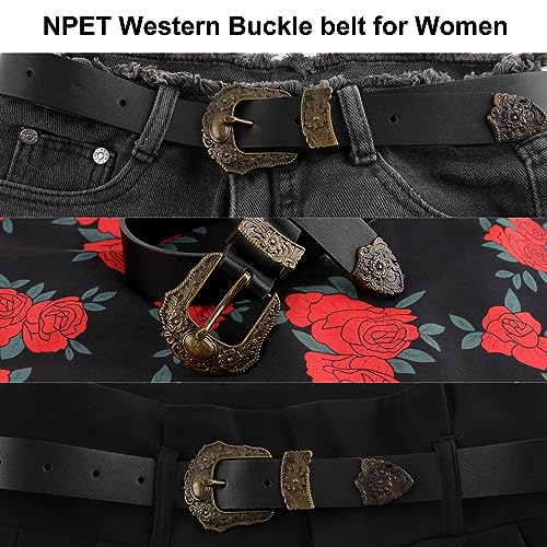 NPET Women Leather Belt, Western Vintage Waist Belt for Jeans Dresses Jeans Pants Fashion with Floral Metal Buckle Black4