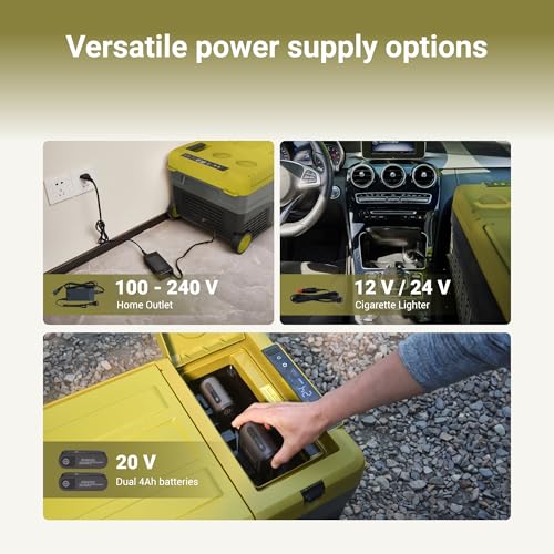 Image of EXIT 20V Outdoor mini refrigerator EX100, battery powered electric cooler -4F to 68F, 12 /24V DC 100~240 Volt AC for Outside Camping, Tailgating, Includes two Replaceable 4.0 Ah Batteries