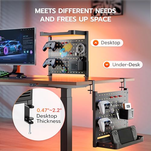 Image of ARES WING Desk Clamp On Pegboard with 16 inches Organizer Shelf, Adjustable Above or Under Desk Storage Shelf Holds 44 lbs, Magnetic Metal Peg Board for Office and Gaming Accessories, Black