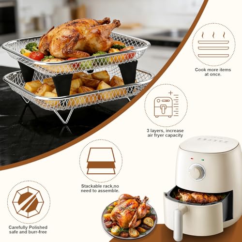 Airfryer Zubehoer, Heißluftfritteuse Zubehör Eckig,Stapelbare Airfryer Gitter für Heißluftfritteuse,Air Fryer Grillrost Edelstahl 304,Einsatz für Heissluftfritteuse,für Ninja/COSORI/Philips (18cm-A)