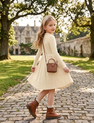 Image of Arshiner Girls Dresses Long Sleeve A Line Knit Sweater Dress with Pockets