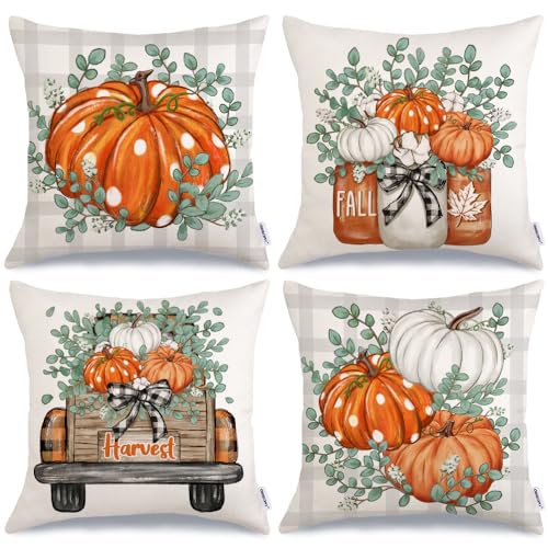 GEEORY Fall Pumpkins Throw Pillow Covers 18x18 Inch Set of 4, Eucalyptus Truck Mason Jars Autumn Decorative Seasonal Farmhouse Decoration for Home (Orange) G545-18
