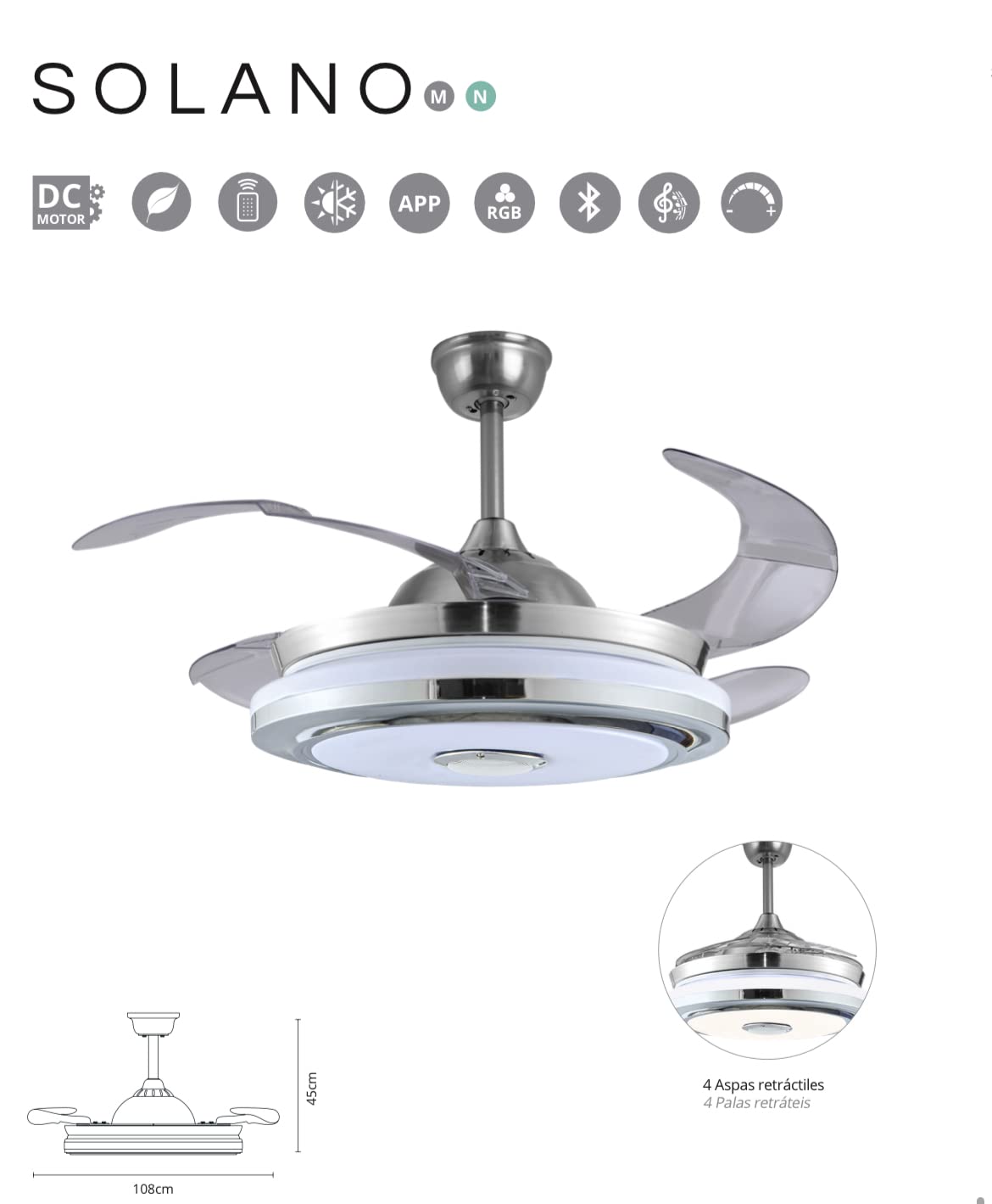 BEL AIR HOME - Solano Ceiling Fan with DC Motor and 36W RGB LED Light,  Retractable Blades,