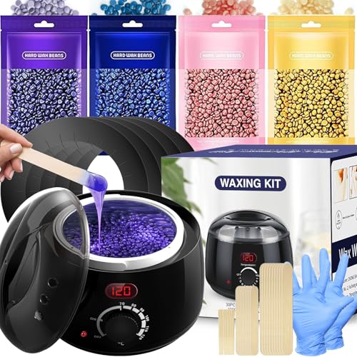 Kit de depilación para mujeres y hombres: calentador de cera con pantalla digital para depilación, visualización precisa de la temperatura, paquete de 4 cuentas de cera dura, 30 varillas aplicadoras