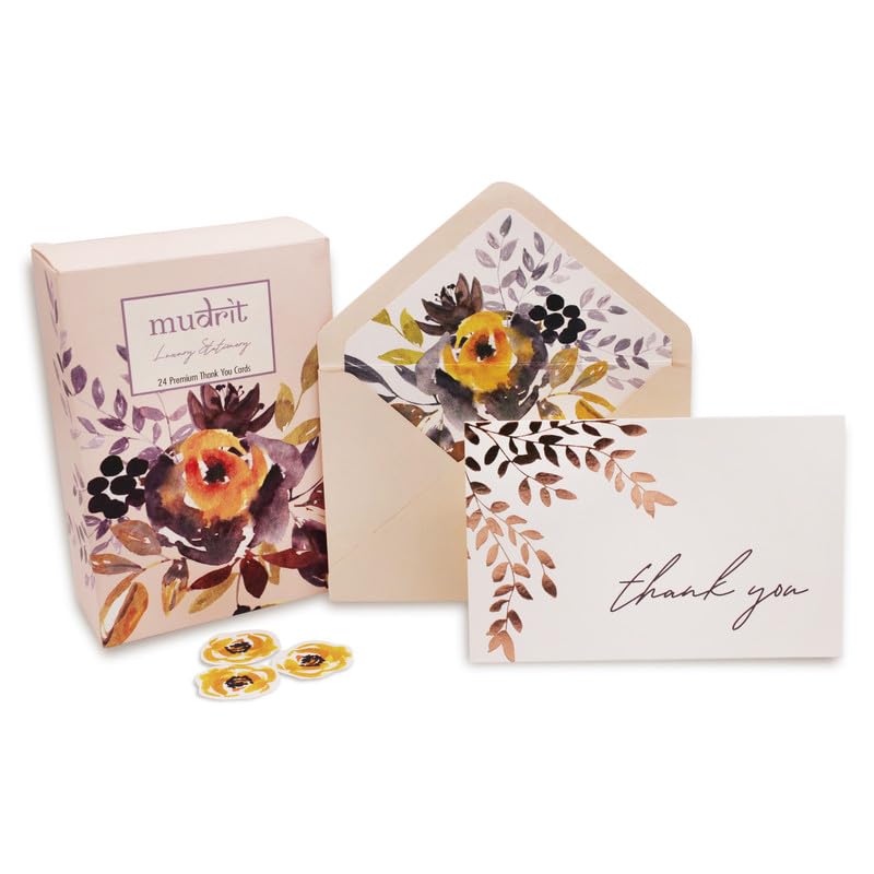 Image of mudrit 40 Blank Gold Foil Thank You Cards with Liner Envelopes & Floral Stickers for Weddings, Bridal Shower, Engagement, Baby Shower, Business
