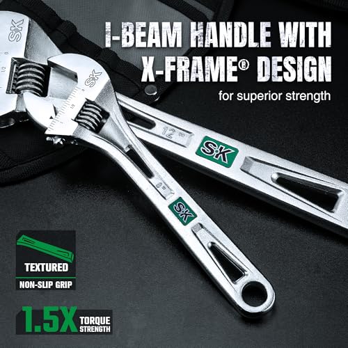 Image of SK 8-Inch Adjustable Wrench, 1-1 /4 inch Jaw Capacity, SAE&Metric Scales | X-Frame Handle, Precision Jaw, Heat Treated CR-V Steel, Chrome-Plated Rust Resistant Finish
