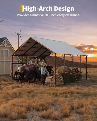 Image of Garvee 20x20 ft Metal Carport Kit, 120 Steep-Pitch Vertical Roof for Snow Shedding, 173 inch High-Clearance RV & Tractor Shelter, Heavy-Duty 2 Cars Car Port with Reinforced Frame
