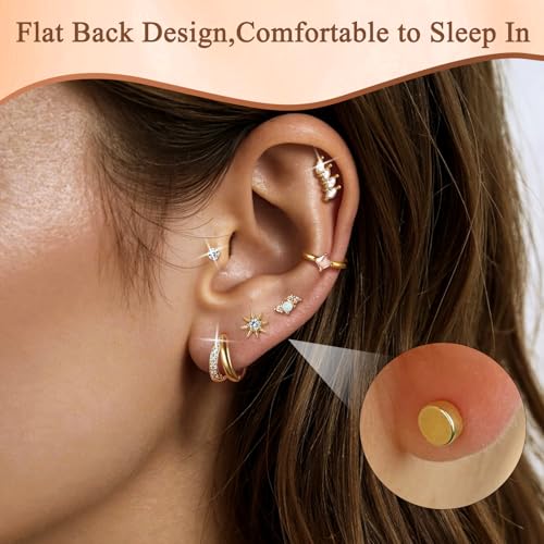 Gold Flat Back Stud Earrings Stacks Hypoallergenic Cartilage Earrings for Women,7 Pairs 20G Lobe Tragus Helix Conch Piercing Jewelry,Dainty FlatBack Stud Hoop Earring Set for Multiple Piercing2