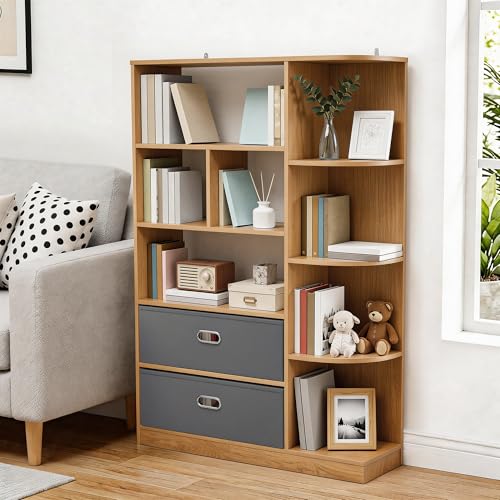 YITAHOME Librería Independiente con 8 estantes Abiertos y 2 cajones (tapizada), para salón, Dormitorio u Oficina, Acabado Roble, 80 cm (Ancho) × 24 cm (Profundidad) × 115 cm (Alto)