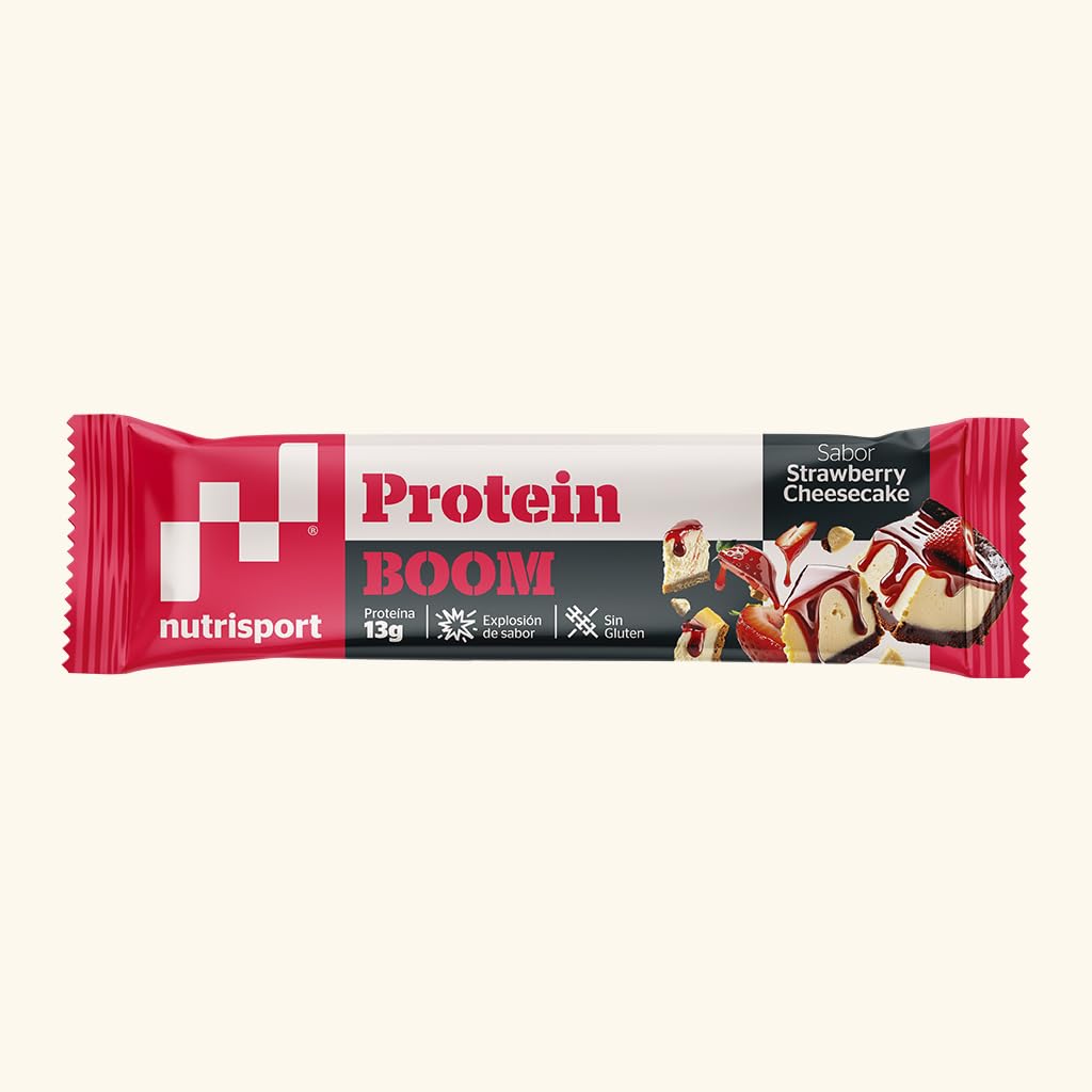 NUTRISPORT – Barritas Proteína Protein BOOM | Proteínas para masa muscular con Vitamina C | Energy Protein Bar (24 unidades, Strawberry Cheescake)