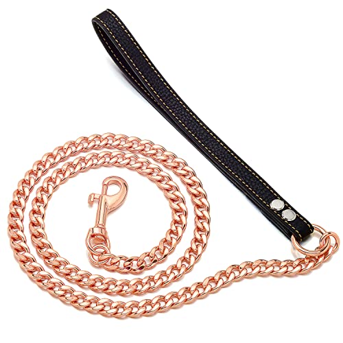 W/W Lifetime Chain Dog Leash Metal Chew Proof Leash, Leather Handle 11mm Gold 18K 4.5FT Heavy Duty Pet Leash Chain, with Padded 