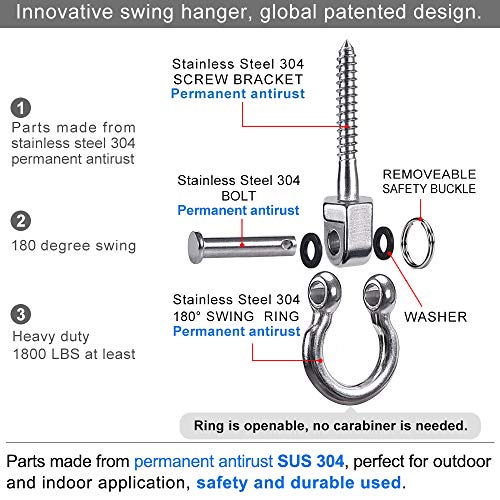 Benelabel Set Of 2 Permanent Antirust Stainless Steel 304 Screw Bracket Heavy Duty Swing Hanger 1800Lb Capacity, Indoor Outdoor Playground Yoga Hammock Chair Sandbag Punching Bag, Hardware Swing Sets #TOP3