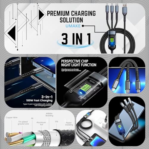 Image of Umake USB-A to Type-C Cable, 100W Fast Charging, 3-Pin Connector, Nylon Braided, High-Speed Data Sync, Compatible with Android Smartphones & USB-C Devices - Black - 1M (3 Months Warranty)