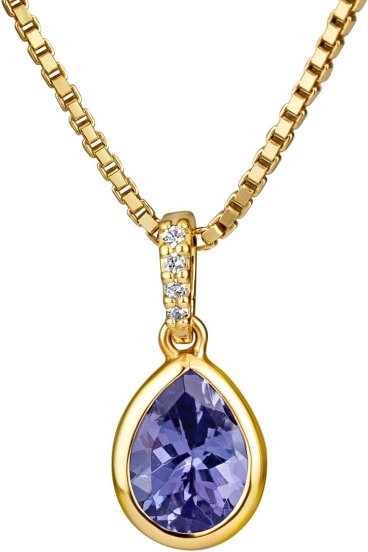 PEORA 1.75 Carats Natural Tanzanite and Lab Grown Diamond Pendant in 14K Yellow Gold, Organic Pear Shape, Real Necklace, Gift Idea Set, w/Jewelry Box