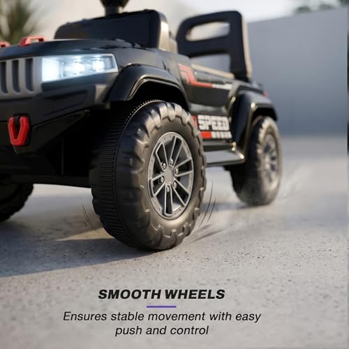 Image of Baybee Speedy Baby Ride on Car for Kids | Portable Kids Car with LED Lights, Music & Storage Basket | Push Toy Cars with High Backrest | Toddler Rideons Jeep for 1 to 3 Years Boys Girls (Black)