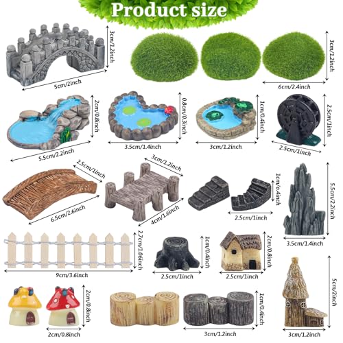 QUOZUO 21 Pcs Fairy Garden Miniatures Accessories Bridge House Landscape Water Well Fence Figurines Pond Mushroom Lawn Garden Ornament for DIY Craft Garden Succulent Decor - Image 2