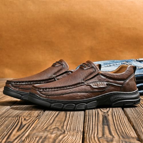 Men's Fashion Cow Leather Slip-On Casual Loafers Retro Soft Thick Sole Comfy Non Slip Breathable Business Oxfords Lightweight Outdoor Work Drving Shoe2