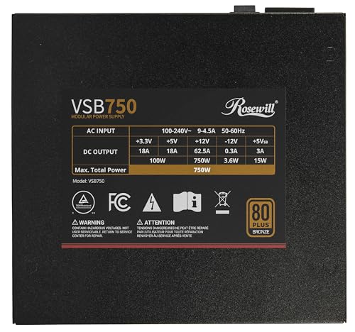 Rosewill VSB 750W 80+ Bronze, ATX 3.0 & 3.1 Compatible, Semi-Modular Power Supply, PCIe 5.1 12V-2x6 Connector, 105°C/221°F Japanese Capacitor, 120mm ICB Silent Fan - 5 Year Warranty