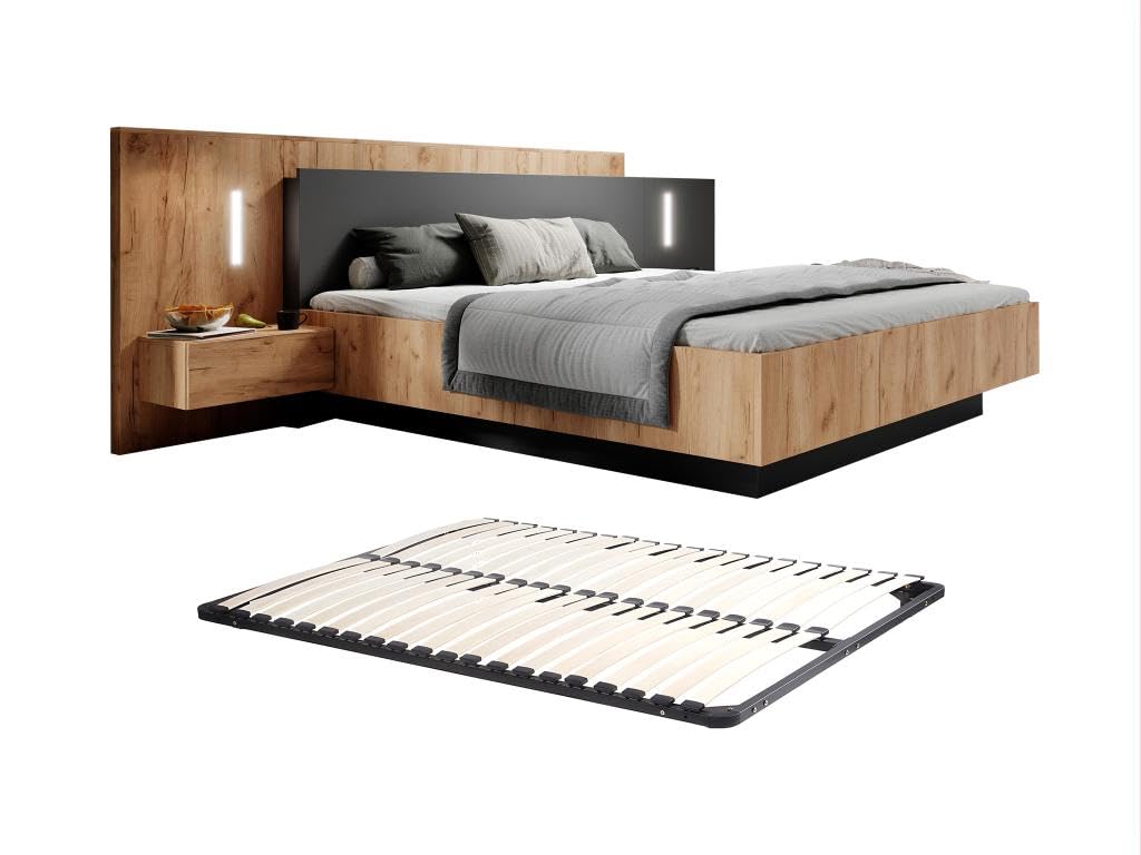 Vente-unique - Lit avec chevets 160 x 200 cm - 2 tiroirs - avec LEDs - Coloris : Naturel et Anthracite + Sommier - FRANCOLI
