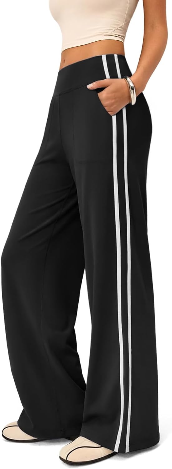 Wide Leg Track Pants Women, High Waisted Loose Yoga Sweatpants with Pockets, Contrast Trim Workout Trousers