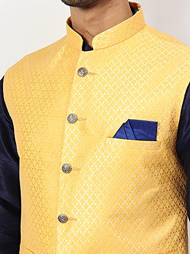 Image of Uri and MacKenzie Men's Silk Blend Regular Kurta Churidar Pyjama with Bundi Nehru Jacket /Waistcoat