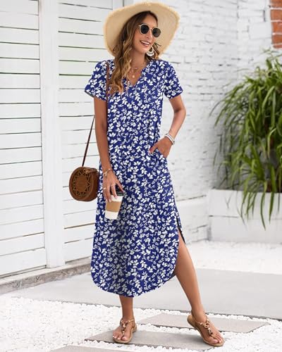 Image of MISFAY Women's Summer Maxi Dress 2026 Casual Short Sleeves V Neck Loose Sundress Split Long Beach T Shirt Dress