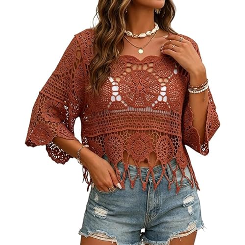 Túnica playera calada de mujer con cuello redondo y mangas tres cuartos