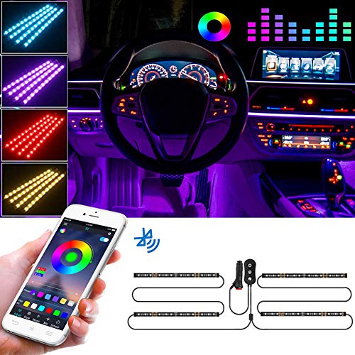 FREESOO Tiras LED Coche, 4pcs Tiras de Luces LED para Coche Interior APP Control Diseño de Dos Líneas Impermeable RGB Multi Color Música Iluminación de Coche Encendedor de Cigarrillos 12V Cargador USB