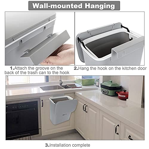 SHANQ Mülleimer zum Aufhängen aus Kunststoff mit Schiebedeckel, Wandmontage, Abfalleimer mit Abdeckung, Schranktür zum Aufhängen, für Küche, Schlafzimmer, Badezimmer, Babybett, 23.7x13x29.5 cm, Grau – Bild 6