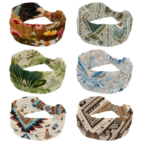 Bandeau cheveux ethnique lot de 6 turbans larges élastiques beige et jaune femme