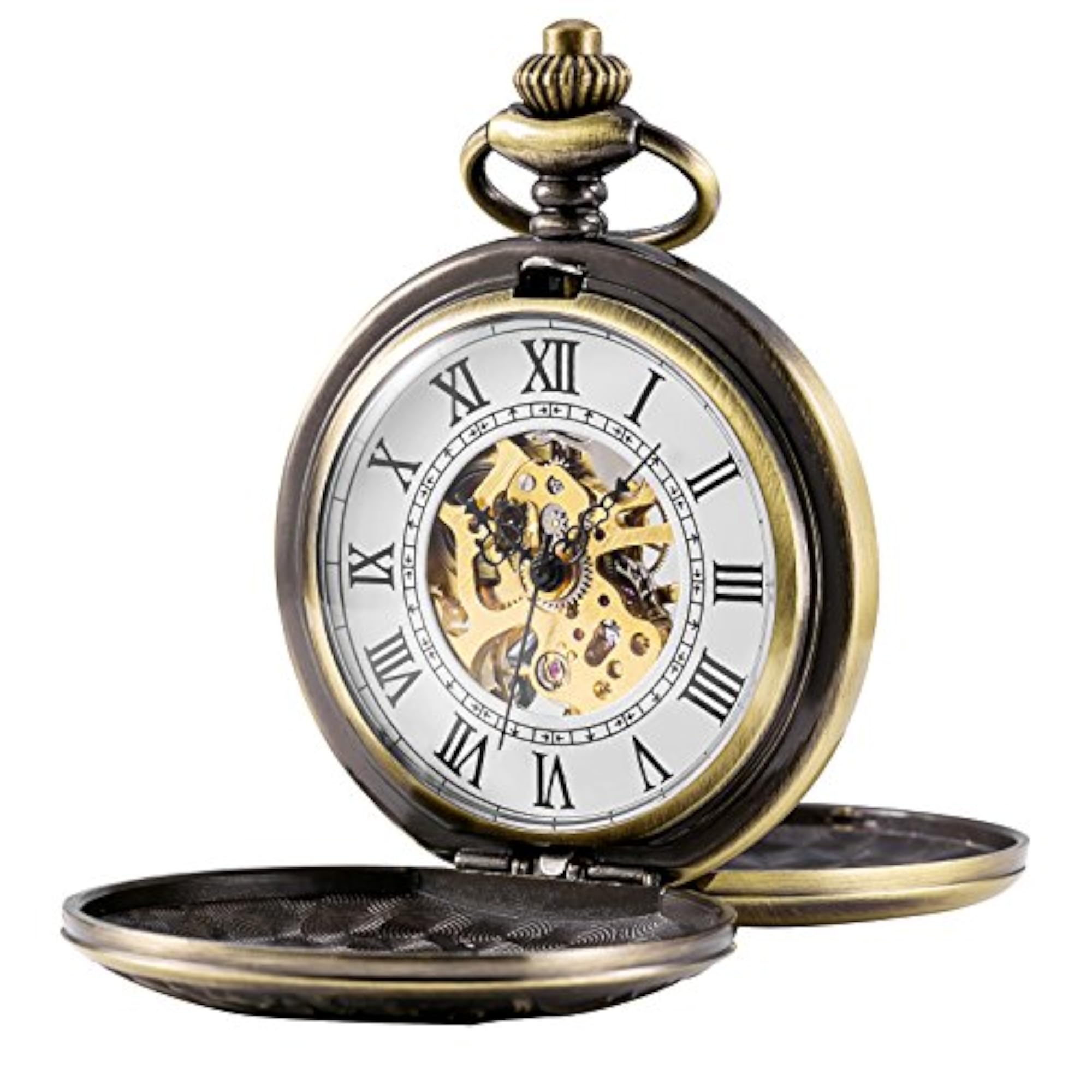 Men's Skeleton Mechanical Pocket Watch with Bronze Design