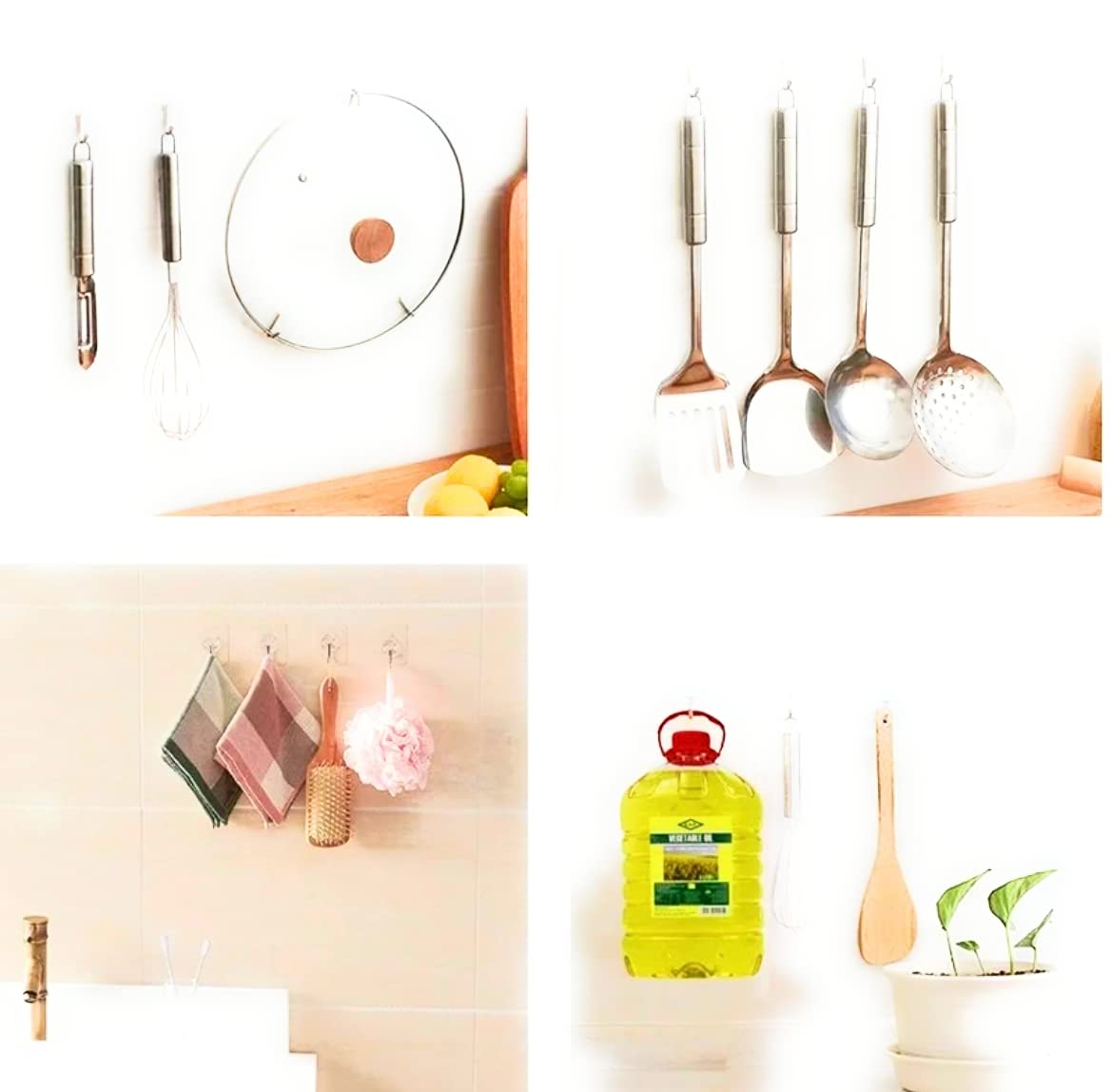 QUALIALL Stainless Steel 33Lbs Adhesive Hooks For Hanging On Wall Or Ceiling, Heavy Duty, Clear, Damage Free, Traceless, Stick On Hangers For Kitchen Bathroom, 10Pcs 2