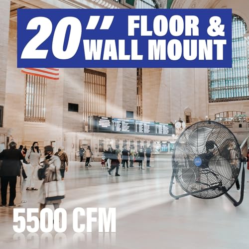 iLIVING 20 Inch Heavy Duty Floor & Wall Mount Fan - 5500 CFM High Velocity, 160-Watt, 3-Speed, Industrial Cooling for Garage, Workshop, Office, Home - UL Listed, Black