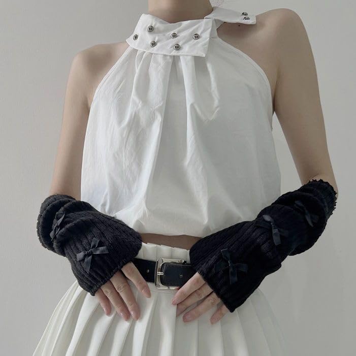 Women Coquette Arm Warmers Y2k Cute Ribbed Knit Gothic Bow Fingerless Gloves Goth Punk Balletcore Accessories (Black,OneSize)