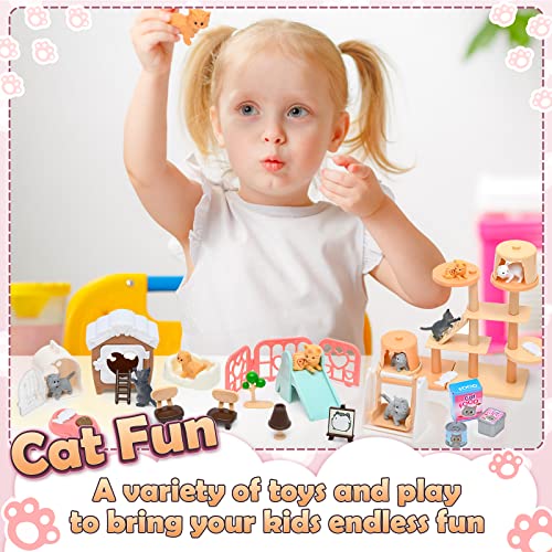 Tacobear 46 PCS Pet Pretend Play Toys Cat Figures Playset Toys for Kids Realistic Cats Care Role Play Educational Toys Birthday Gift for Boys Girls Toddlers