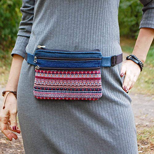 Waist Pouch Boho for Women, Hippie Flat Fanny Pack, Blue Hip Bag, Belt Purse Wallet
